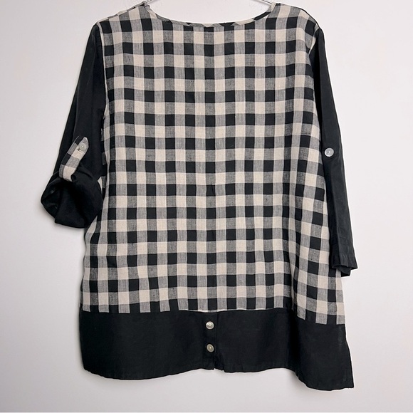Toofan 100% Linen Black and Natural Checkered Block Print Lagenlook Artsy Top - Picture 7 of 11